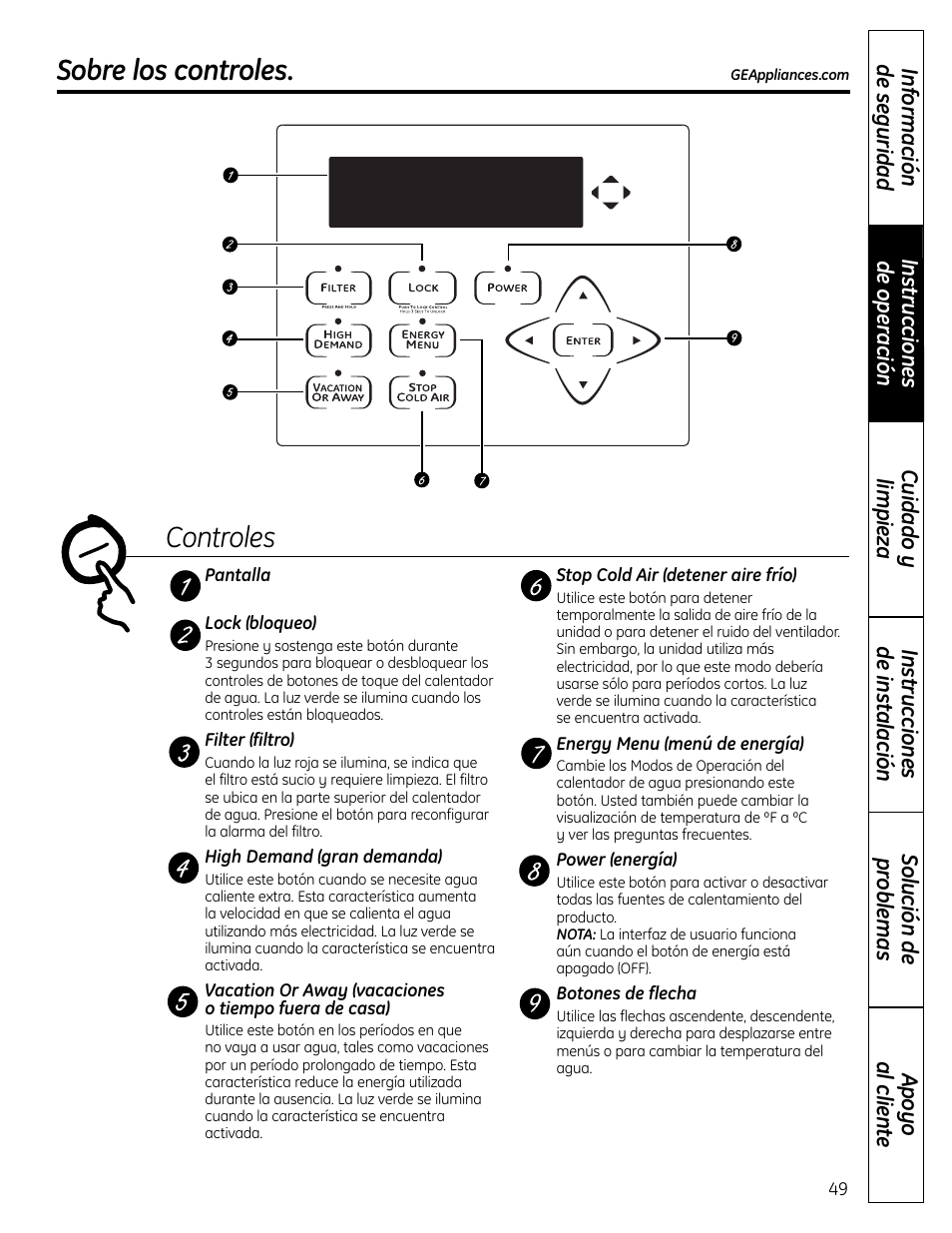 Sobre los controles, Controles | GE GEH50DNSRSA User Manual | Page 49 / 68