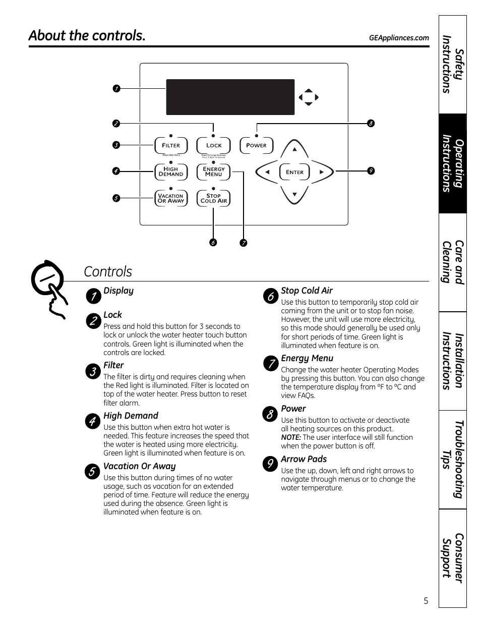 About the controls, Controls | GE GEH50DNSRSA User Manual | Page 5 / 68