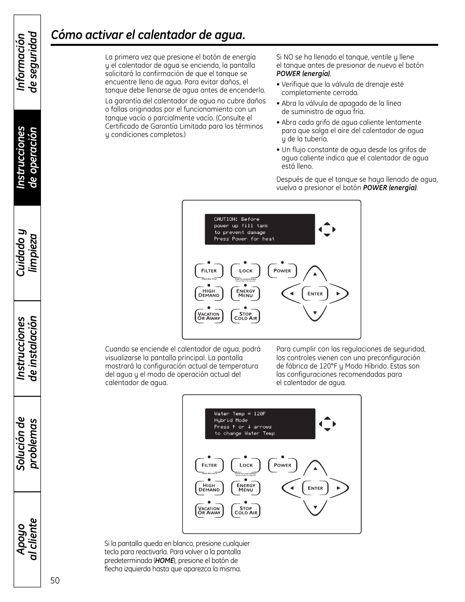 Cómo activar el calentador de agua | GE GEH50DNSRSA User Manual | Page 50 / 68