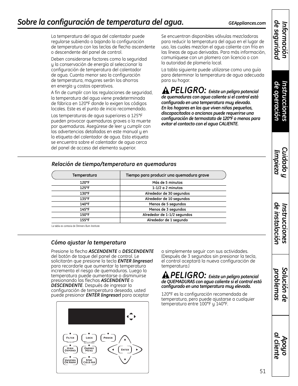 Peligro, Sobre la configuración de temperatura del agua | GE GEH50DNSRSA User Manual | Page 51 / 68