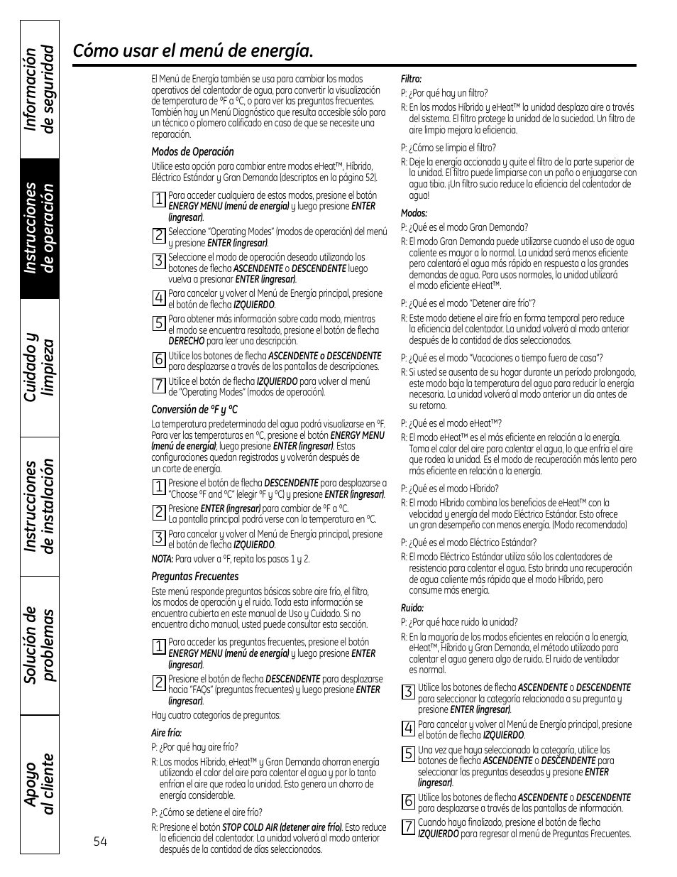 Cómo usar el menú de energía | GE GEH50DNSRSA User Manual | Page 54 / 68