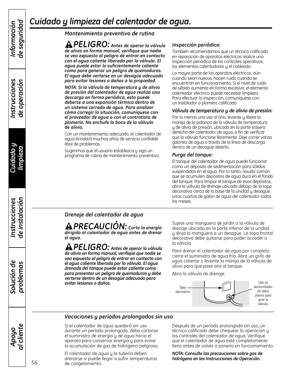 Cuidado y limpieza del calentador de agua, Precaución, Peligro | GE GEH50DNSRSA User Manual | Page 56 / 68