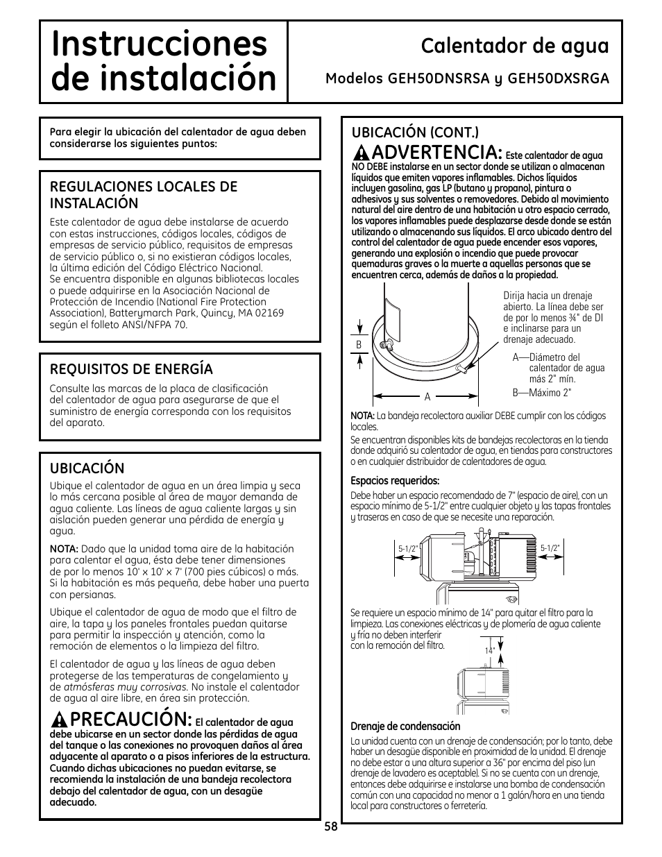 Instrucciones, De instalación, Calentador de agua | Advertencia, Precaución | GE GEH50DNSRSA User Manual | Page 58 / 68