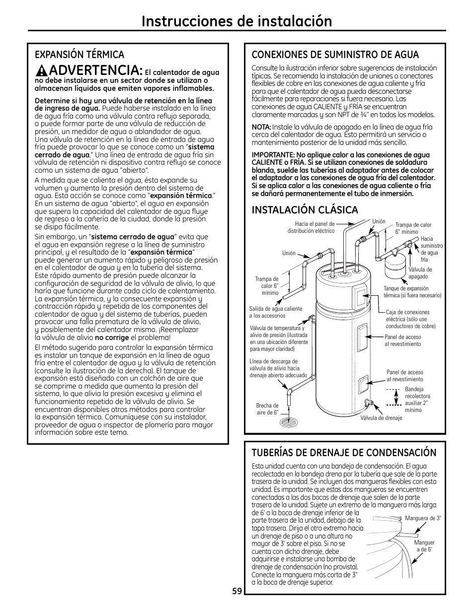 Instrucciones de instalación, Advertencia, Conexiones de suministro de agua | Instalación clásica, Expansión térmica, Tuberías de drenaje de condensación | GE GEH50DNSRSA User Manual | Page 59 / 68