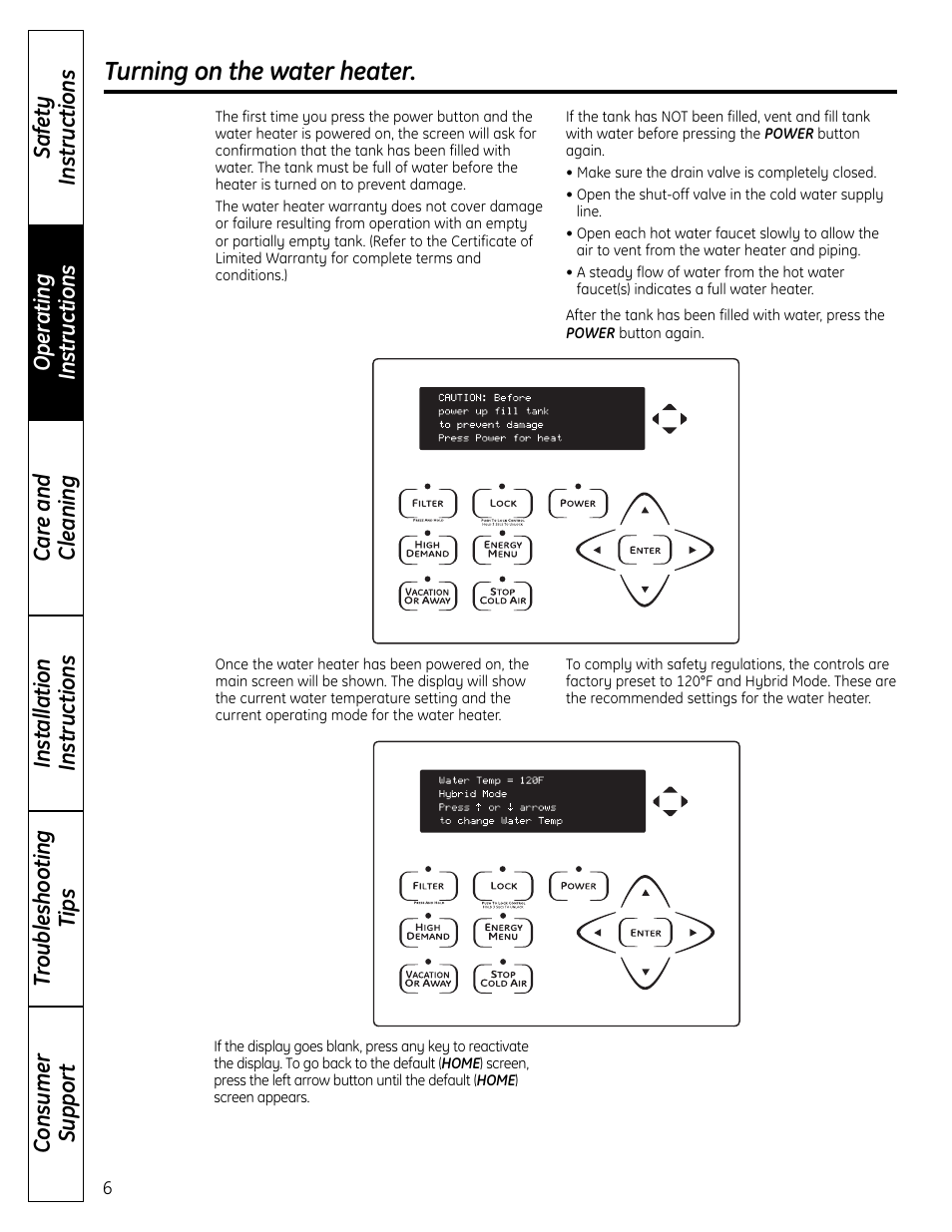 Turning on the water heater | GE GEH50DNSRSA User Manual | Page 6 / 68