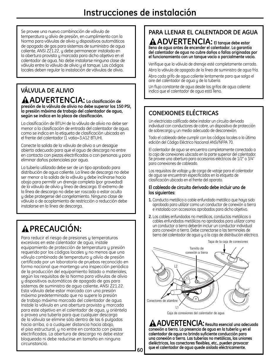 Instrucciones de instalación, Advertencia, Precaución | Válvula de alivio, Para llenar el calentador de agua, Conexiones eléctricas | GE GEH50DNSRSA User Manual | Page 60 / 68