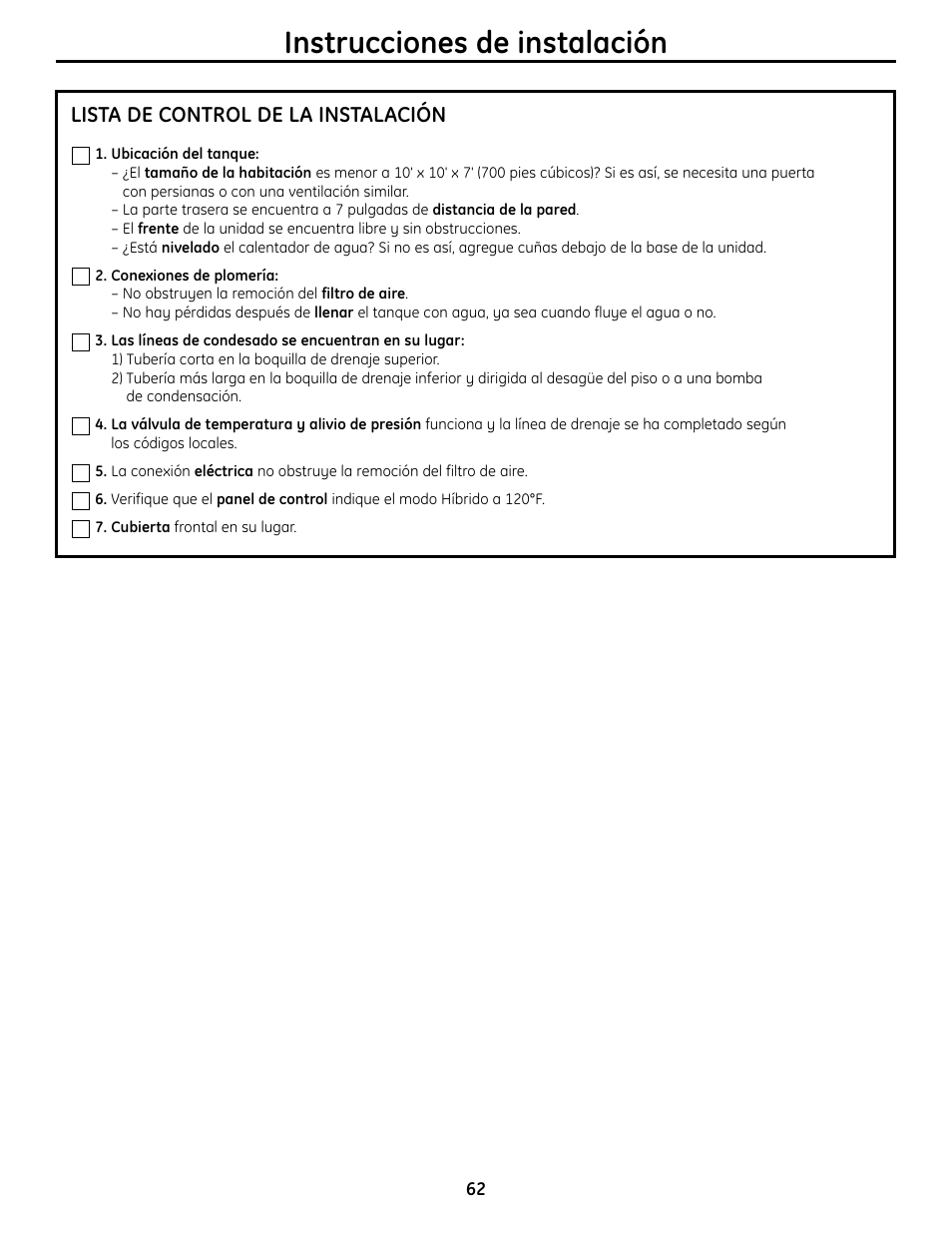 Instrucciones de instalación, Lista de control de la instalación | GE GEH50DNSRSA User Manual | Page 62 / 68