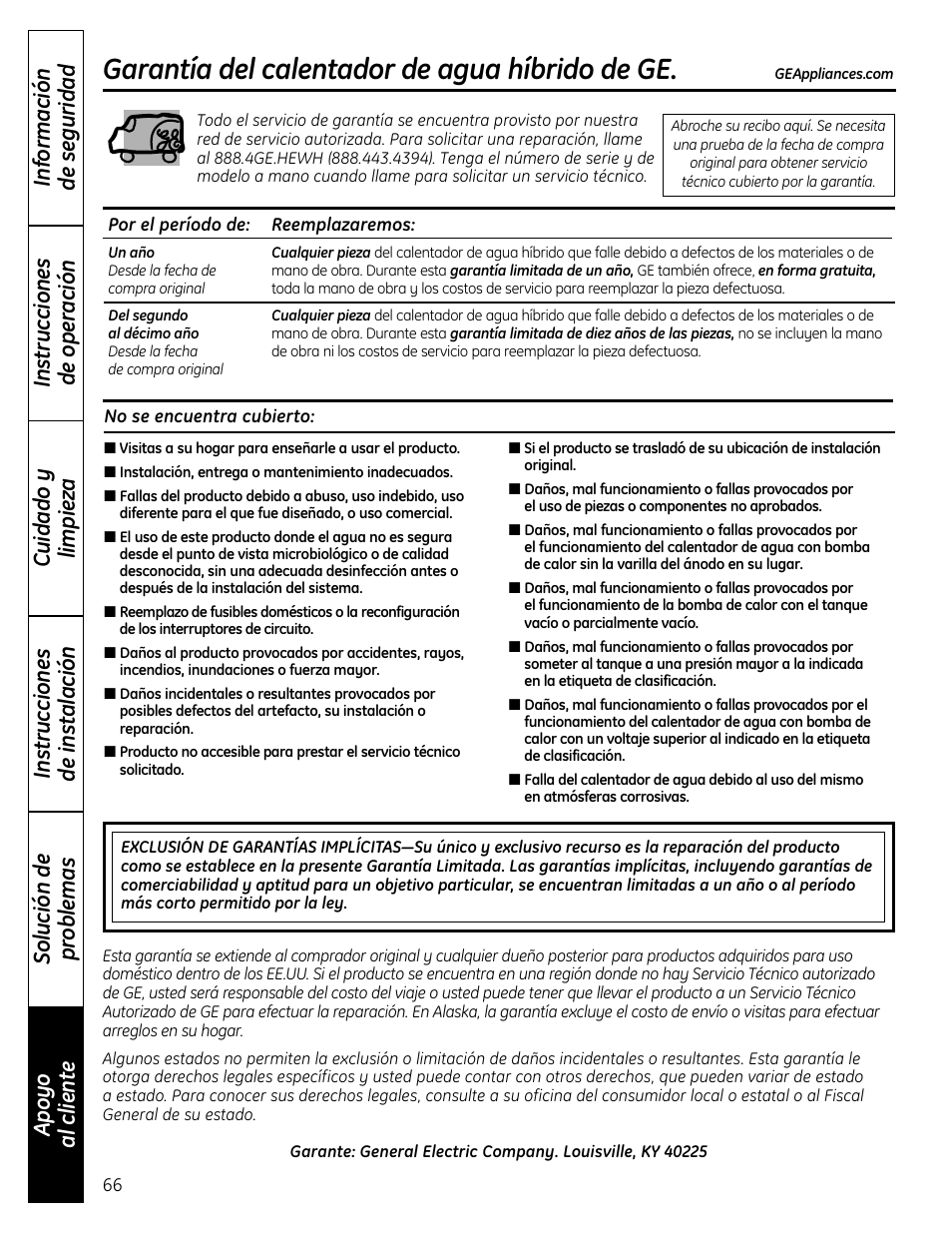 Garantía del calentador de agua híbrido de ge | GE GEH50DNSRSA User Manual | Page 66 / 68