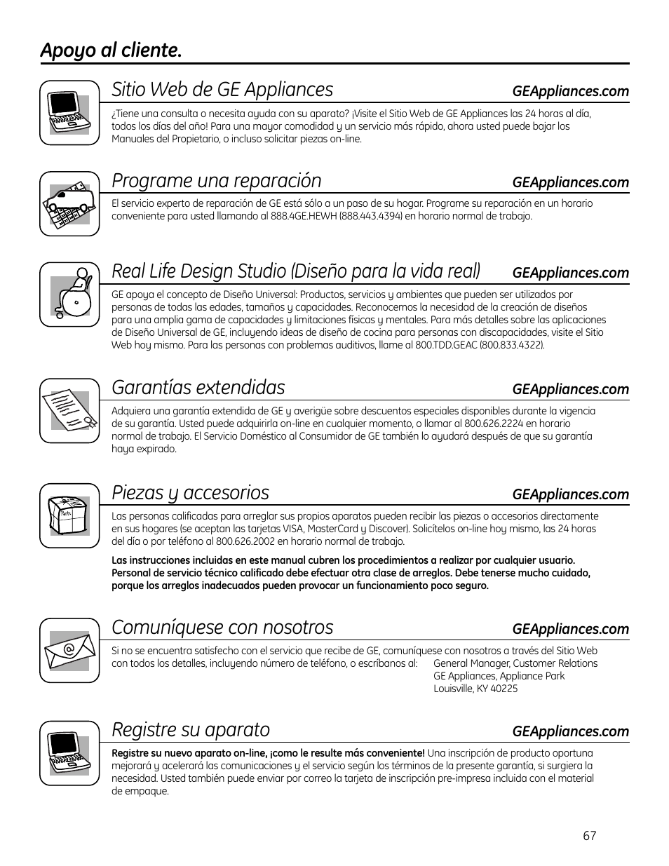 Apoyo al cliente. sitio web de ge appliances, Programe una reparación, Real life design studio (diseño para la vida real) | Garantías extendidas, Piezas y accesorios, Comuníquese con nosotros, Registre su aparato | GE GEH50DNSRSA User Manual | Page 67 / 68
