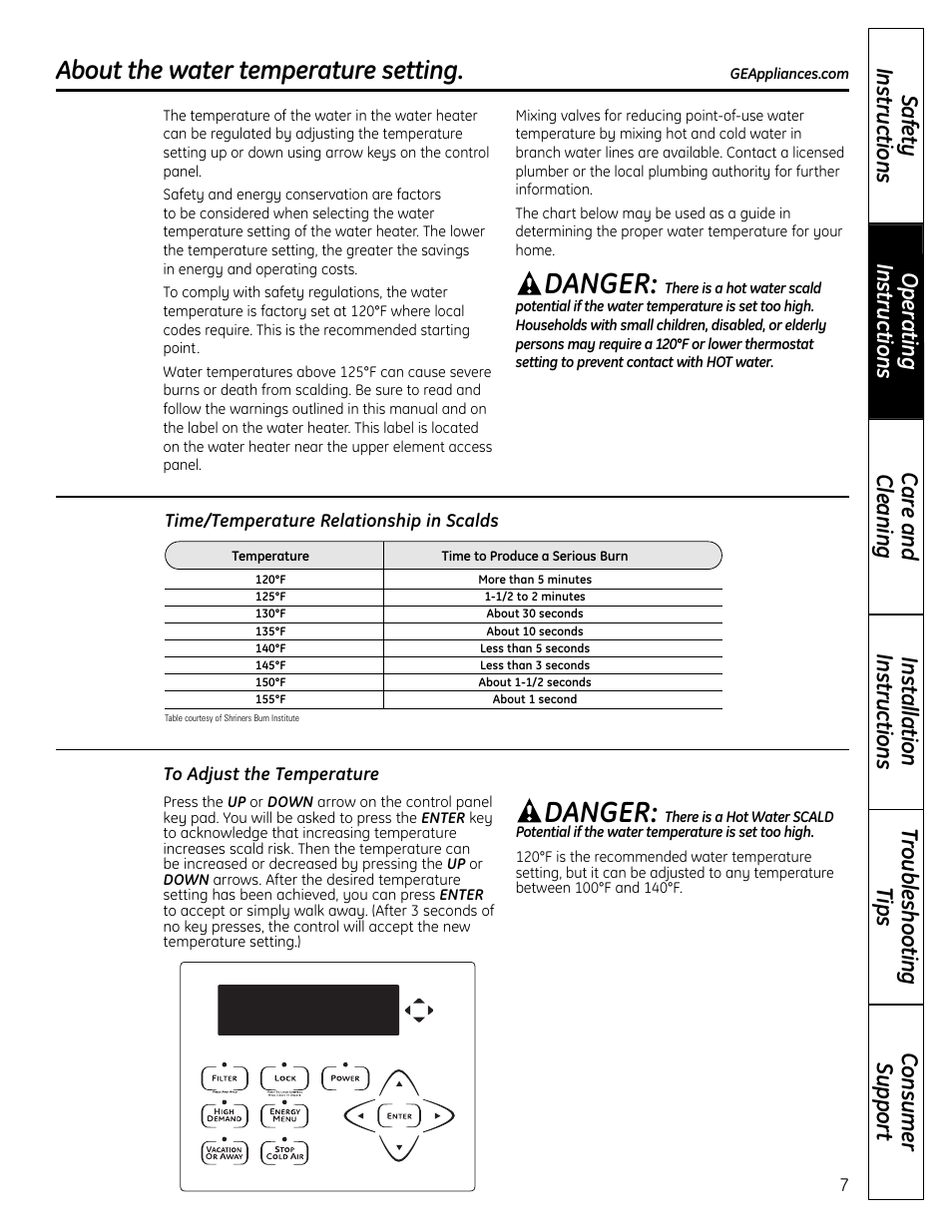 Danger, About the water temperature setting | GE GEH50DNSRSA User Manual | Page 7 / 68