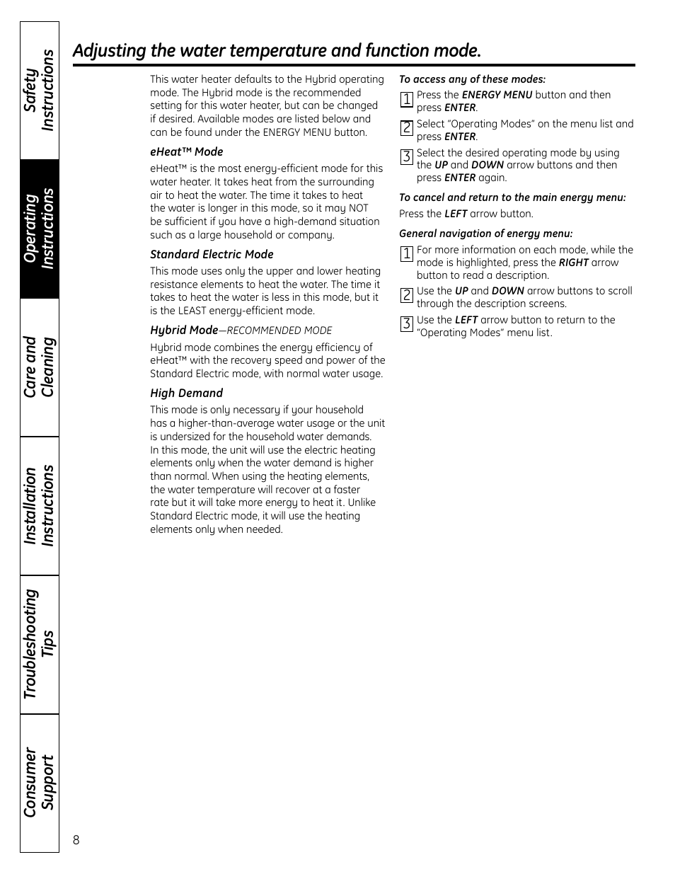 Adjusting the water temperature and function mode | GE GEH50DNSRSA User Manual | Page 8 / 68