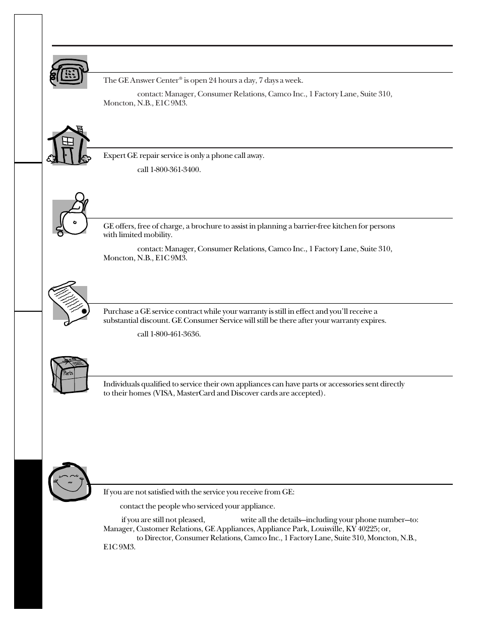 Service telephone numbers, Service telephone numbers. ge answer center, In-home repair service | Special needs service, Service contracts, Parts and accessories, Service satisfaction | GE 333 User Manual | Page 16 / 16