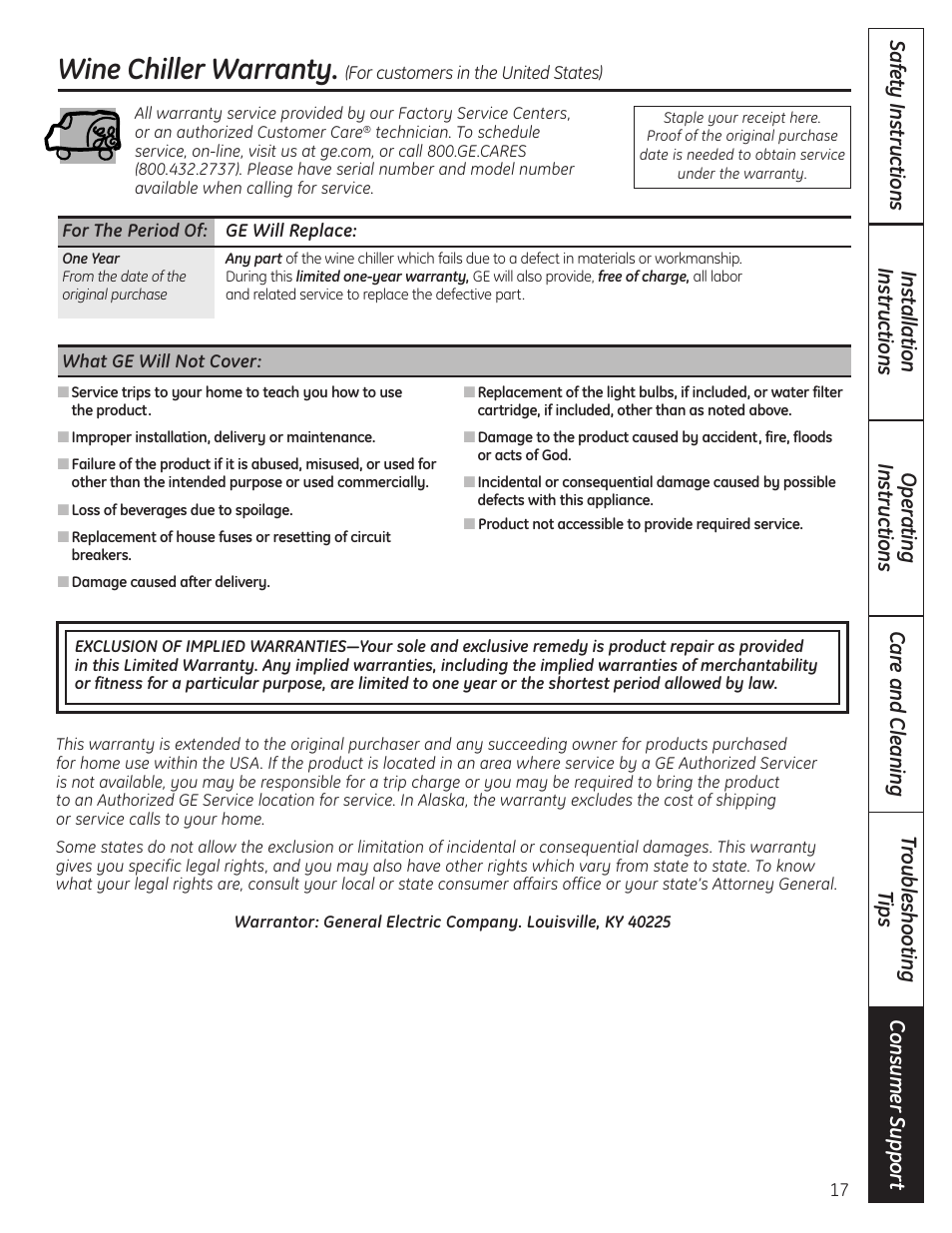 Warranty (u.s.), Wine chiller warranty | GE 197D4613P004 User Manual | Page 17 / 48