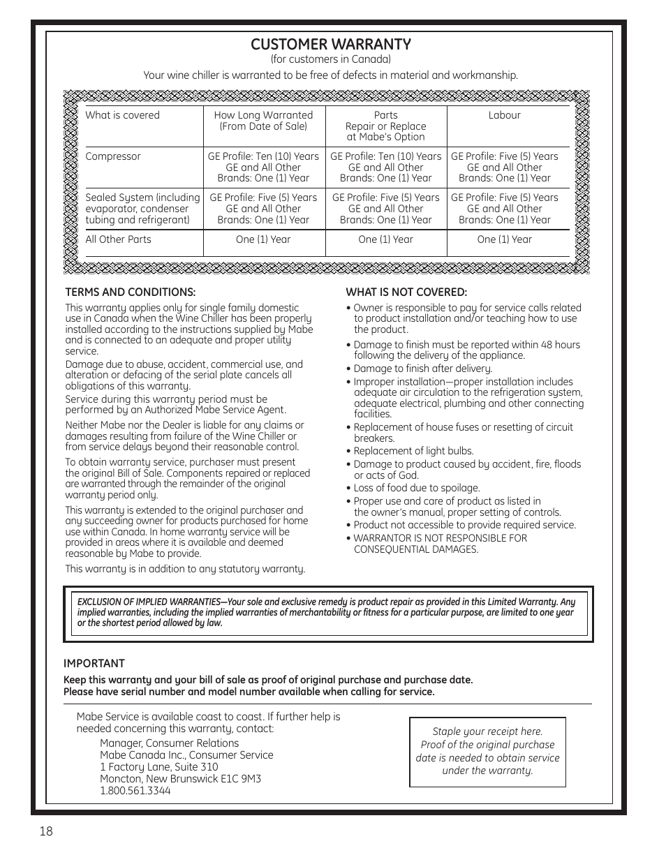 Warranty (canada), Customer warranty | GE 197D4613P004 User Manual | Page 18 / 48