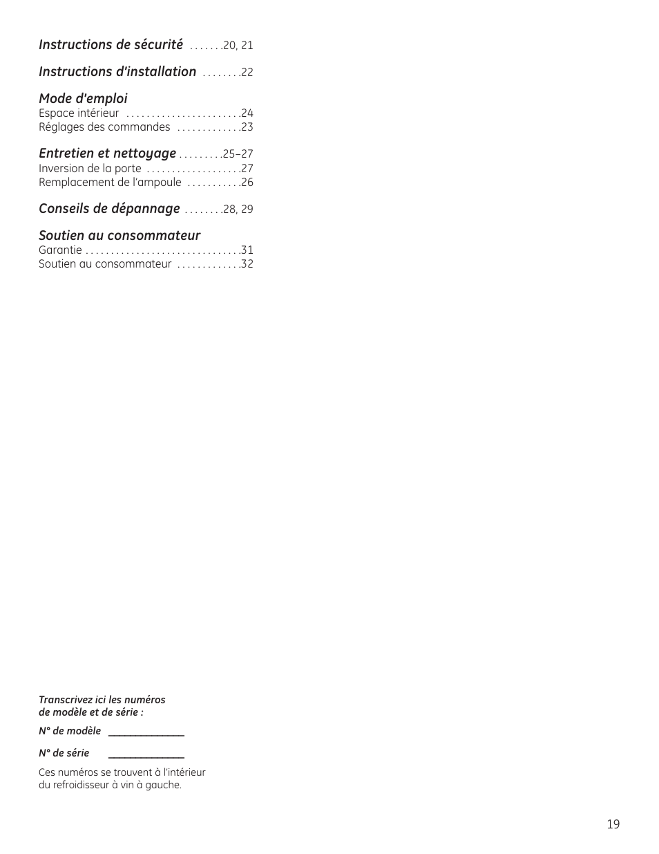 Mode d’emploi, Soutien au consommateur | GE 197D4613P004 User Manual | Page 19 / 48