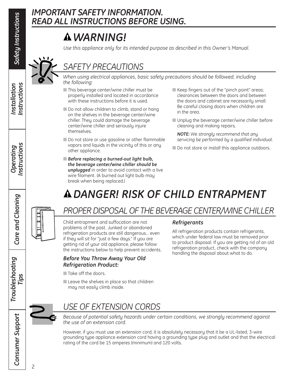 Safety instructions, Danger! risk of child entrapment, Warning | Use of extension cords, Safety precautions | GE 197D4613P004 User Manual | Page 2 / 48