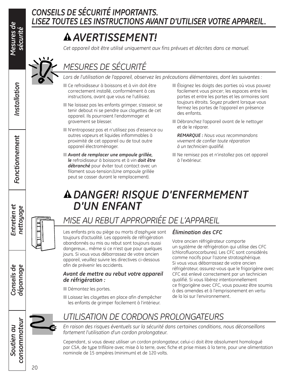 Instructions de sécurité, Danger! risque d’enfermement d’un enfant, Avertissement | Mise au rebut appropriée de l’appareil, Utilisation de cordons prolongateurs, Mesures de sécurité | GE 197D4613P004 User Manual | Page 20 / 48