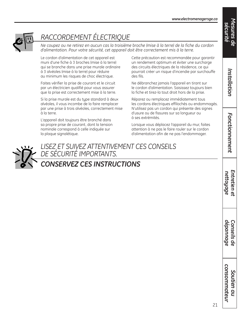 Raccordement électrique | GE 197D4613P004 User Manual | Page 21 / 48