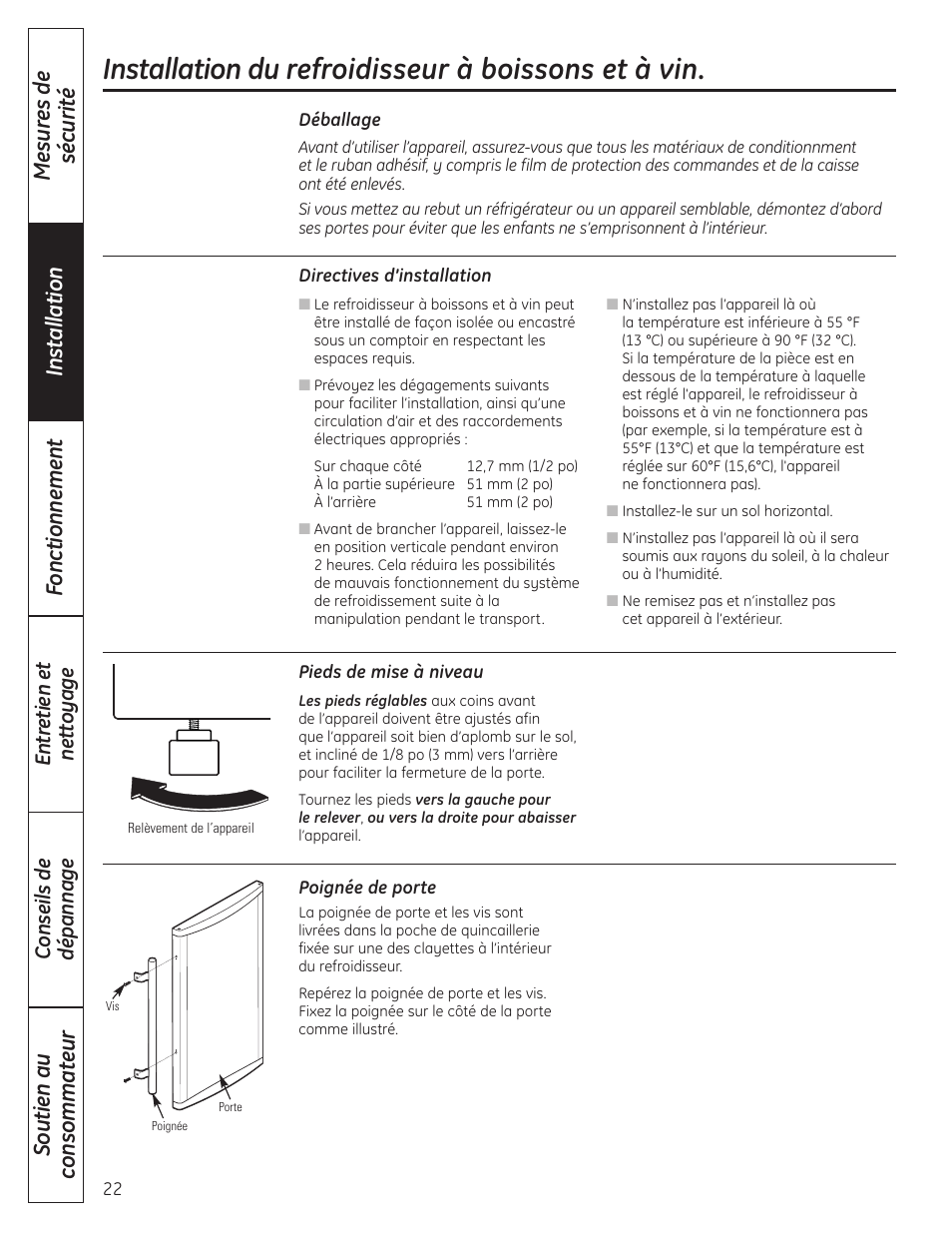 Instructions d’installation, Installation du refroidisseur à boissons et à vin | GE 197D4613P004 User Manual | Page 22 / 48