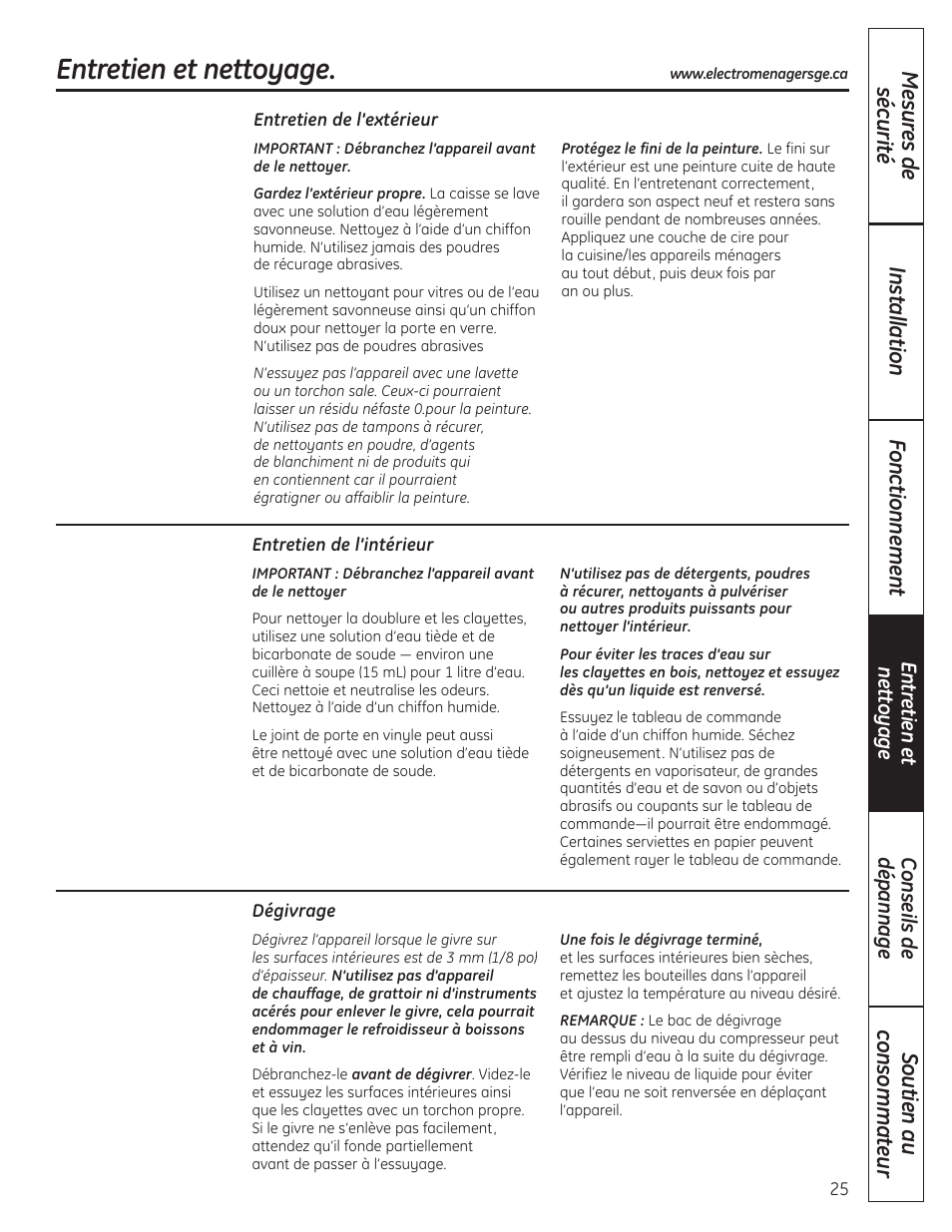 Entretien et nettoyage | GE 197D4613P004 User Manual | Page 25 / 48