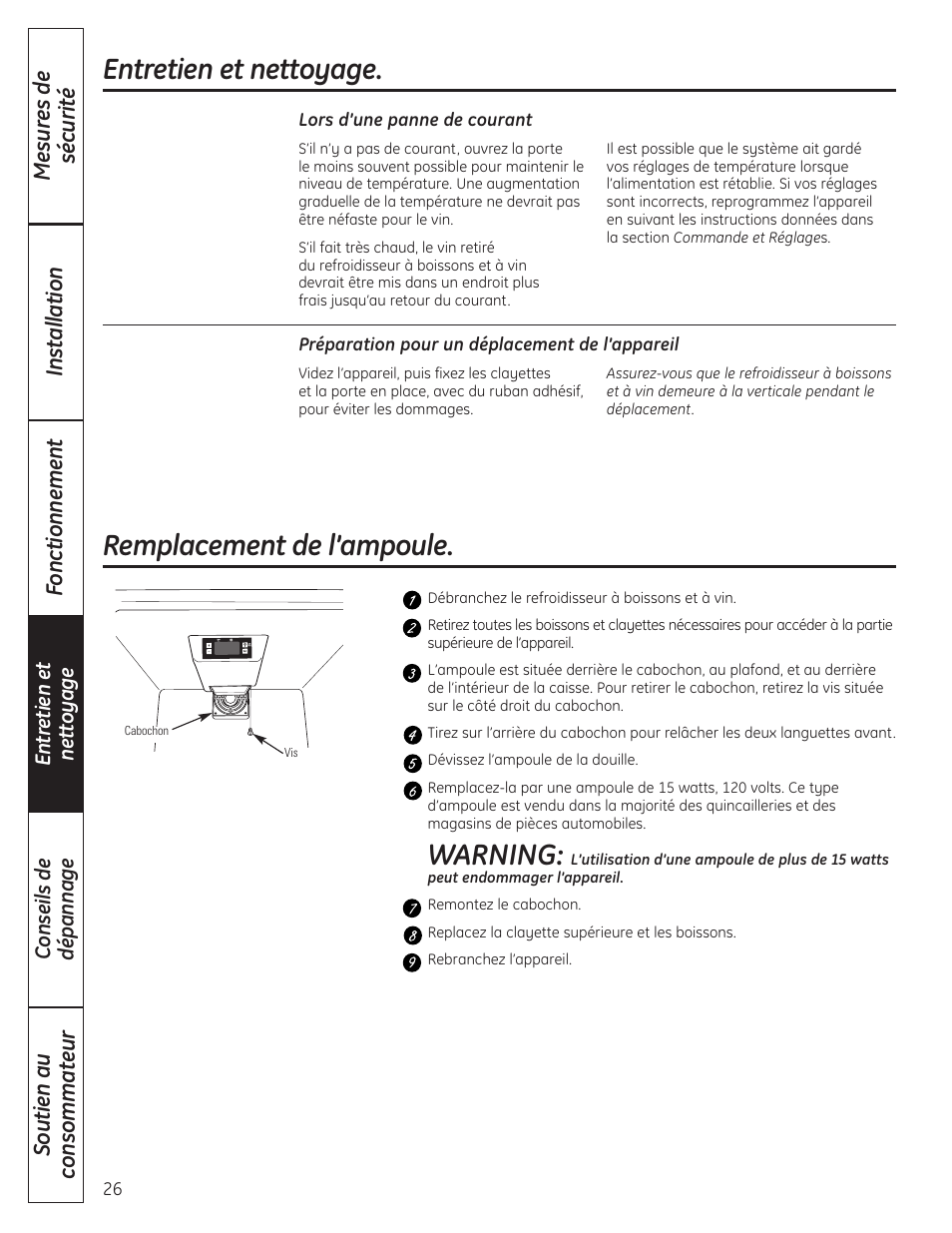 Remplacement de l’ampoule, Entretien et nettoyage, Warning | GE 197D4613P004 User Manual | Page 26 / 48