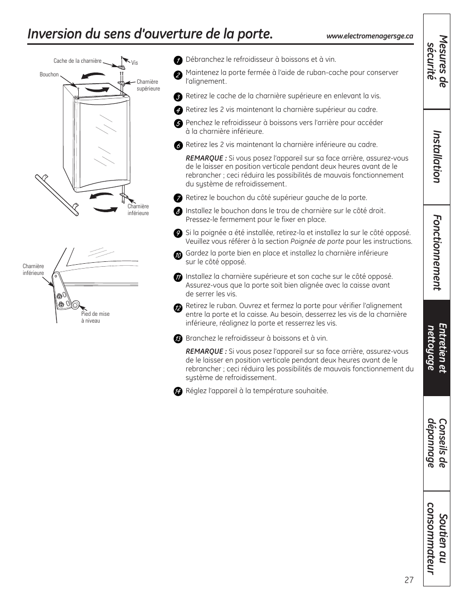 Inversion de la porte, Inversion du sens d’ouverture de la porte | GE 197D4613P004 User Manual | Page 27 / 48