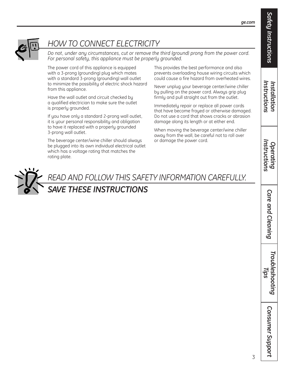 How to connect electricity | GE 197D4613P004 User Manual | Page 3 / 48