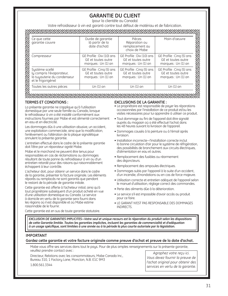 Garantie, Garantie du client | GE 197D4613P004 User Manual | Page 31 / 48