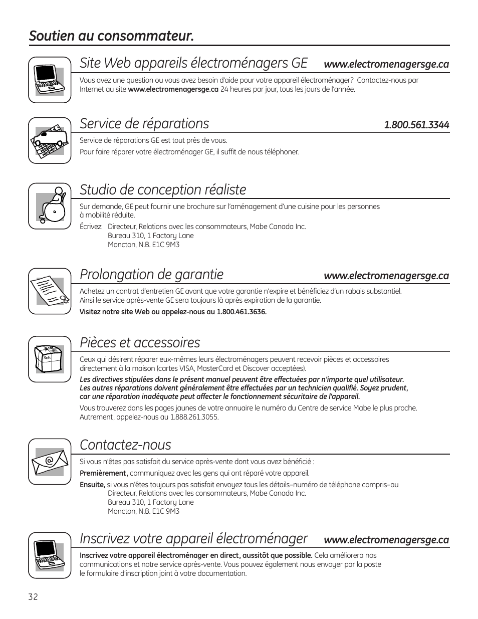 Soutien au consommateur, Service de réparations, Studio de conception réaliste | Prolongation de garantie, Pièces et accessoires, Contactez-nous, Inscrivez votre appareil électroménager | GE 197D4613P004 User Manual | Page 32 / 48