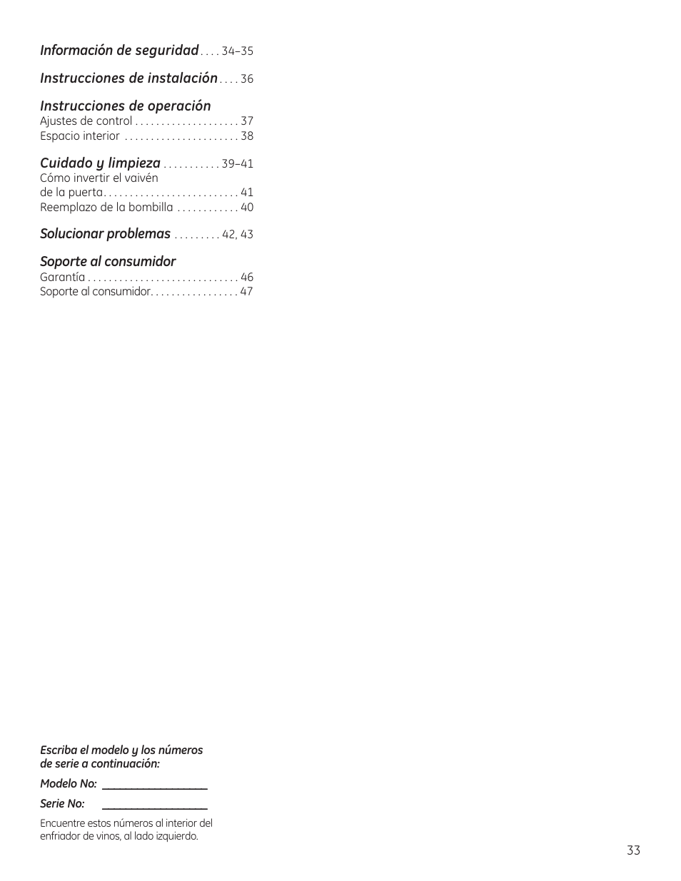 Instrucciones de operación, Soporte al consumidor | GE 197D4613P004 User Manual | Page 33 / 48