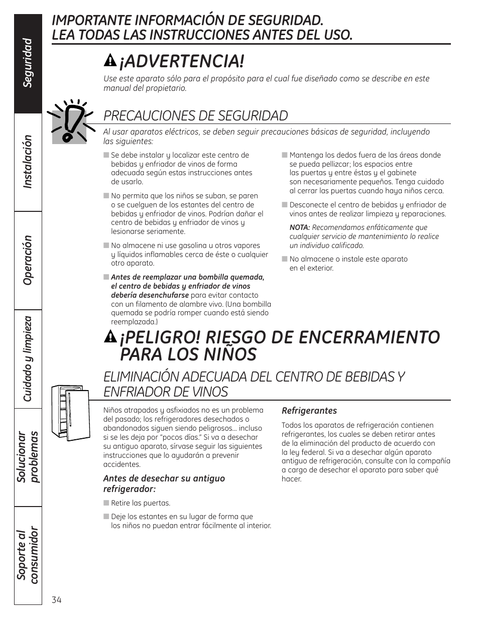 Información de seguridad, Peligro! riesgo de encerramiento para los niños, Advertencia | Precauciones de seguridad | GE 197D4613P004 User Manual | Page 34 / 48