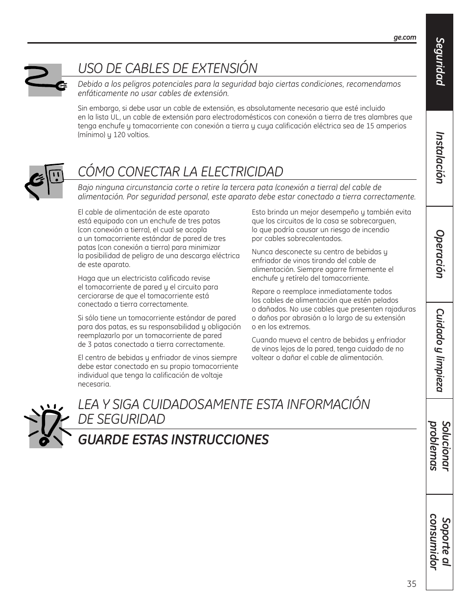 Uso de cables de extensión, Cómo conectar la electricidad | GE 197D4613P004 User Manual | Page 35 / 48