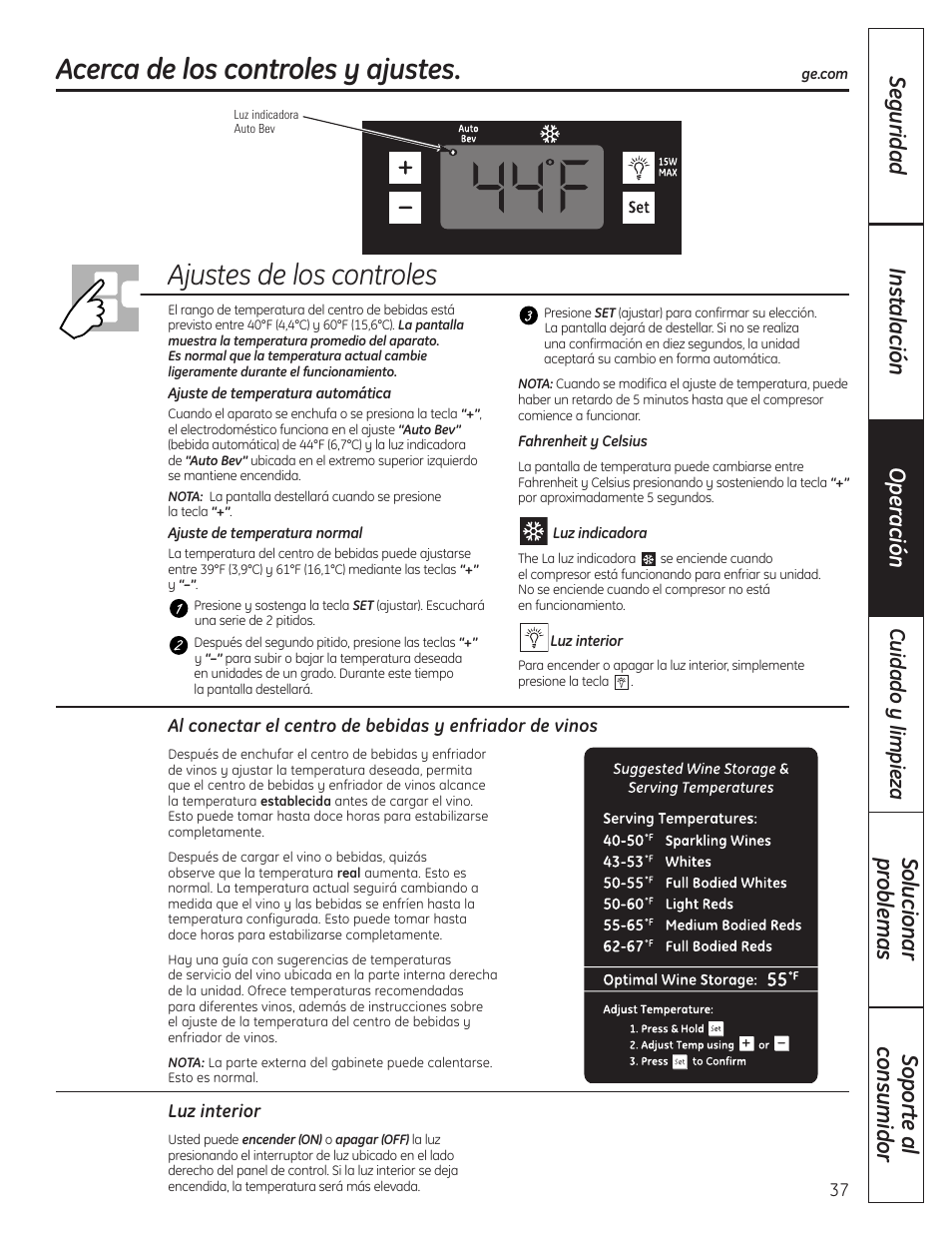 Ajustes de control, Acerca de los controles y ajustes, Ajustes de los controles | GE 197D4613P004 User Manual | Page 37 / 48