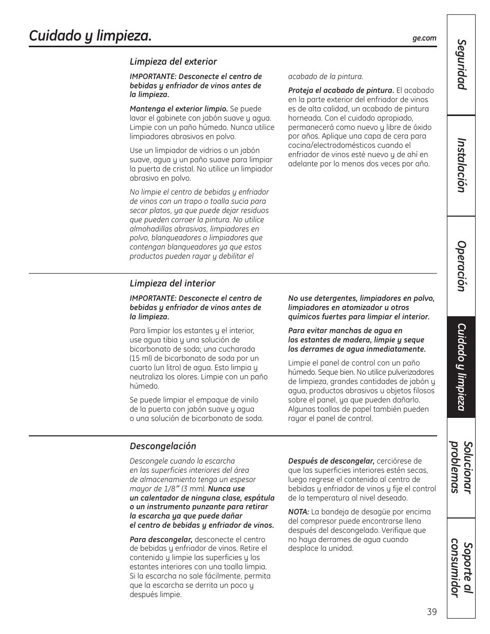 Cuidado y limpieza | GE 197D4613P004 User Manual | Page 39 / 48