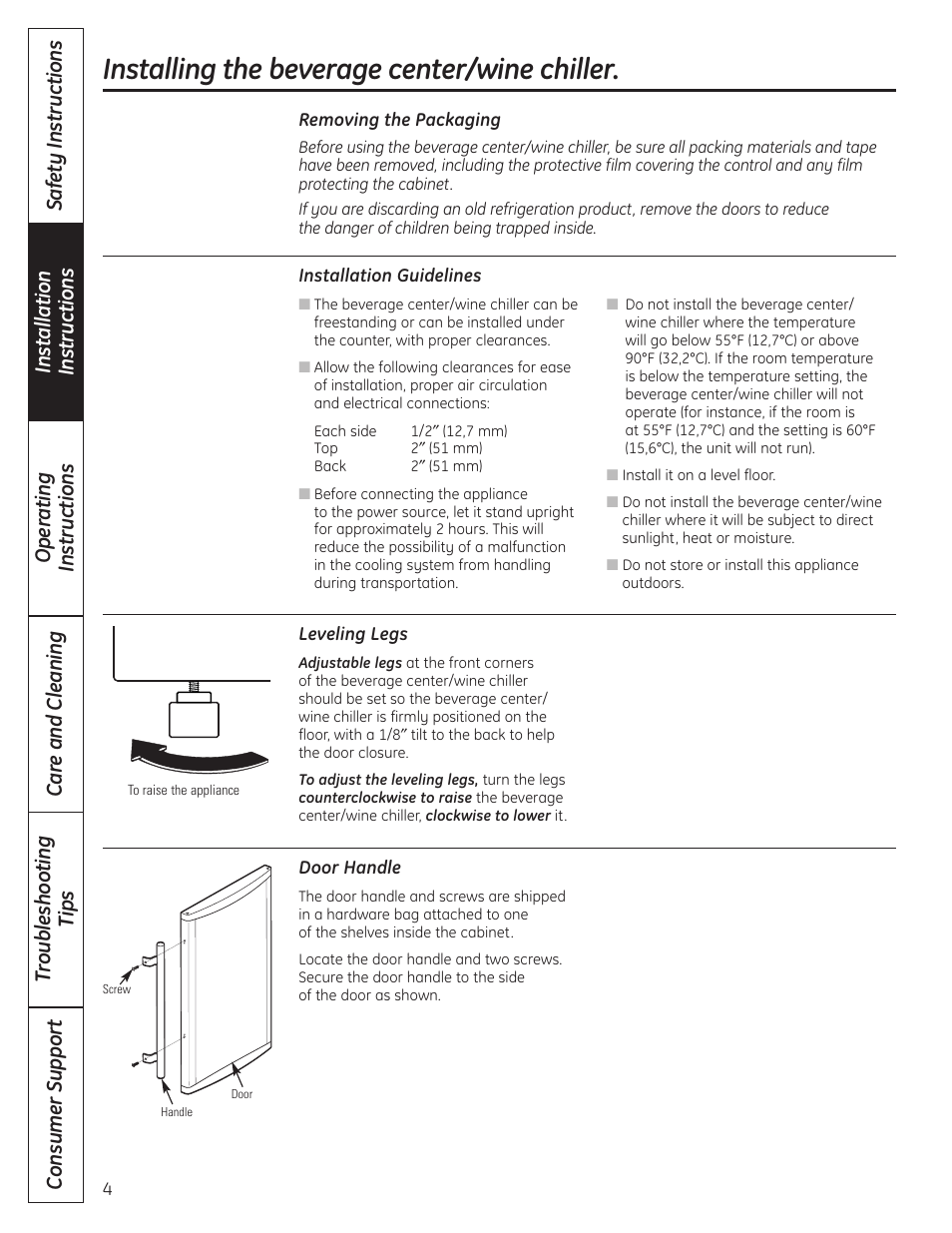 Installation instructions, Installing the beverage center/wine chiller | GE 197D4613P004 User Manual | Page 4 / 48