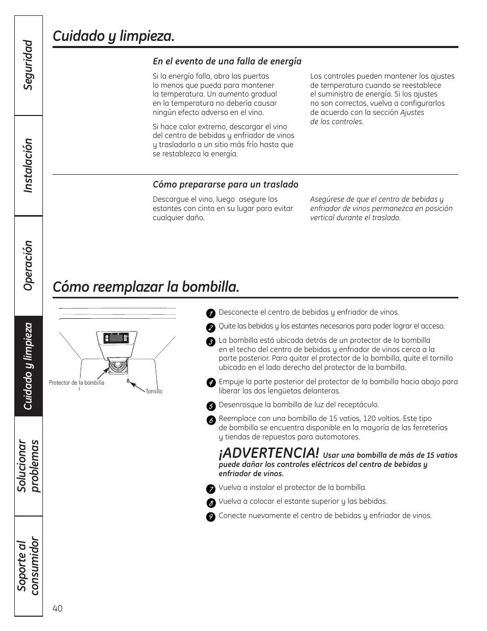 Reemplazo de la bombilla, Advertencia, Cuidado y limpieza | Cómo reemplazar la bombilla | GE 197D4613P004 User Manual | Page 40 / 48