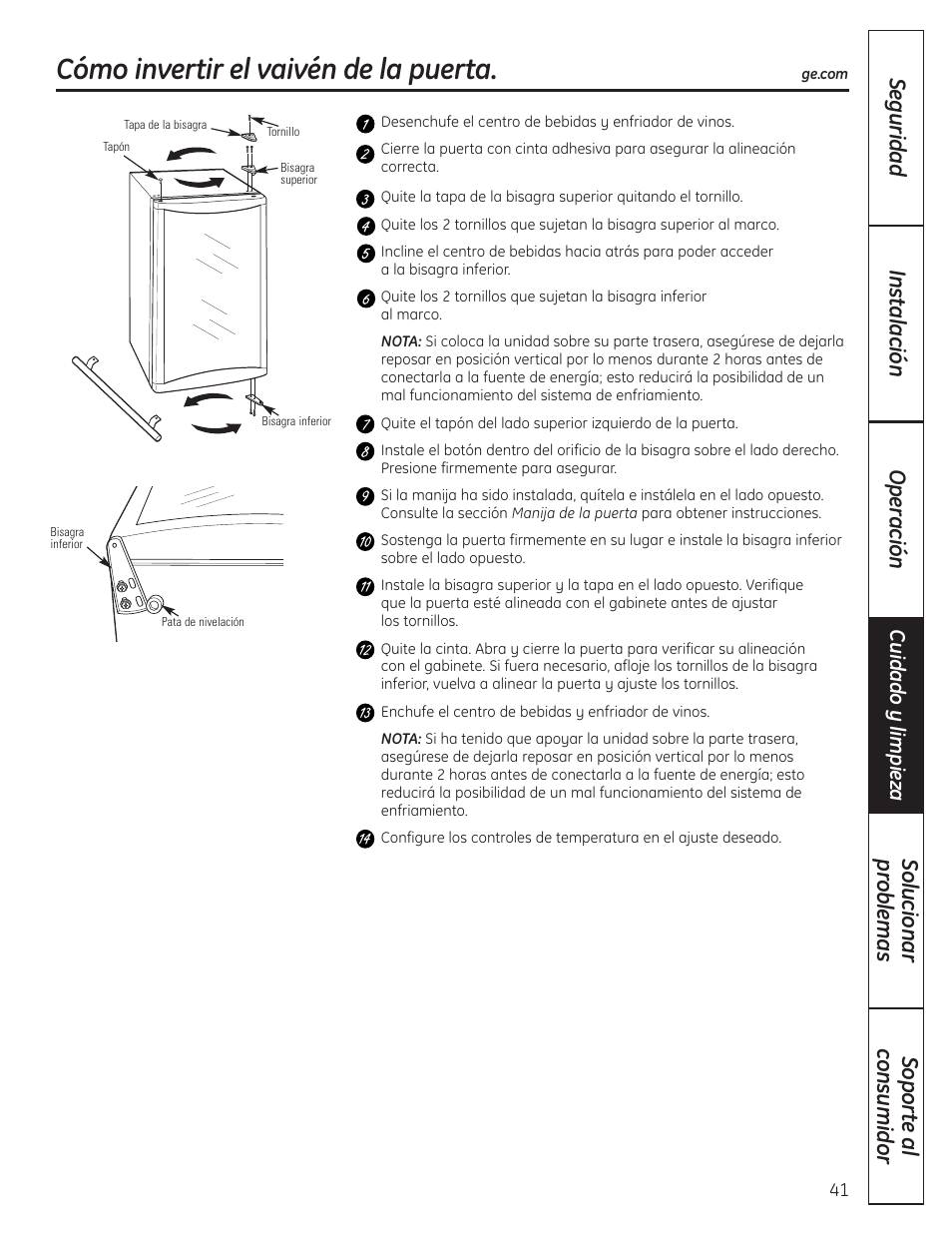 Cómo invertir el vaivénde la puerta, Cómo invertir el vaivén de la puerta | GE 197D4613P004 User Manual | Page 41 / 48