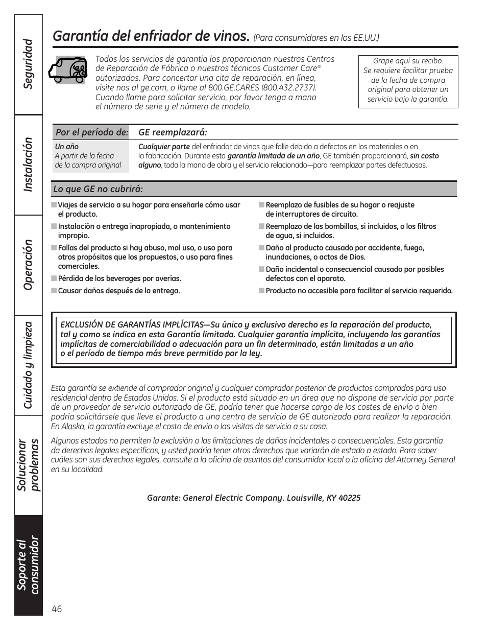 Garantía, Garantía del enfriador de vinos | GE 197D4613P004 User Manual | Page 46 / 48