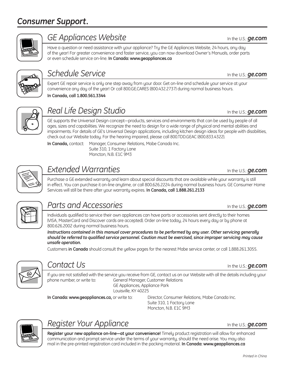 Consumer support, Consumer support . . . . . . . .back cover, Consumer support. ge appliances website | Schedule service, Real life design studio, Extended warranties, Parts and accessories, Contact us, Register your appliance | GE 197D4613P004 User Manual | Page 48 / 48