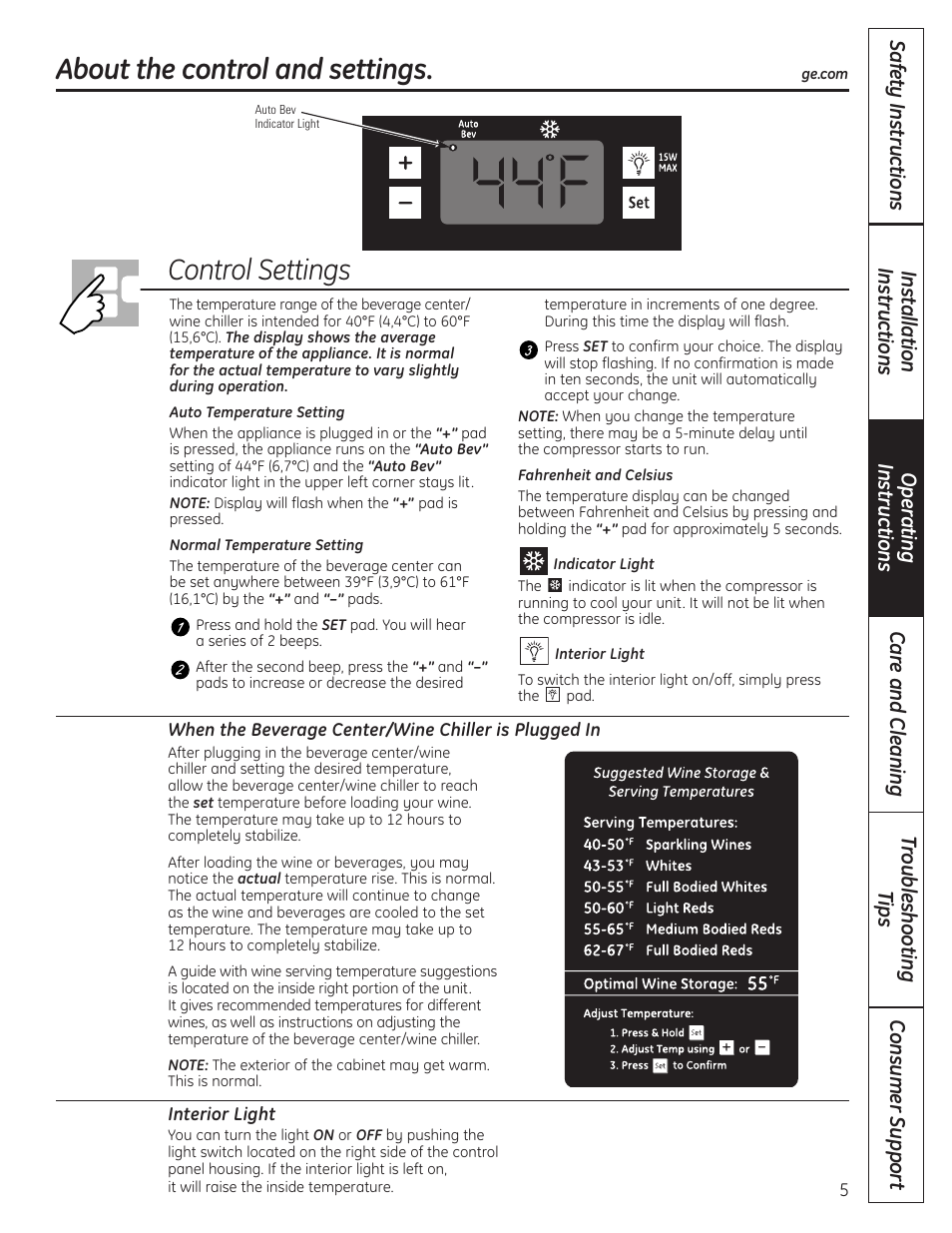 Control settings, About the control and settings | GE 197D4613P004 User Manual | Page 5 / 48