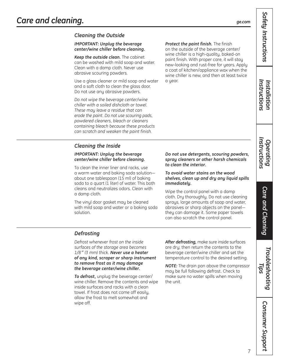 Care and cleaning | GE 197D4613P004 User Manual | Page 7 / 48