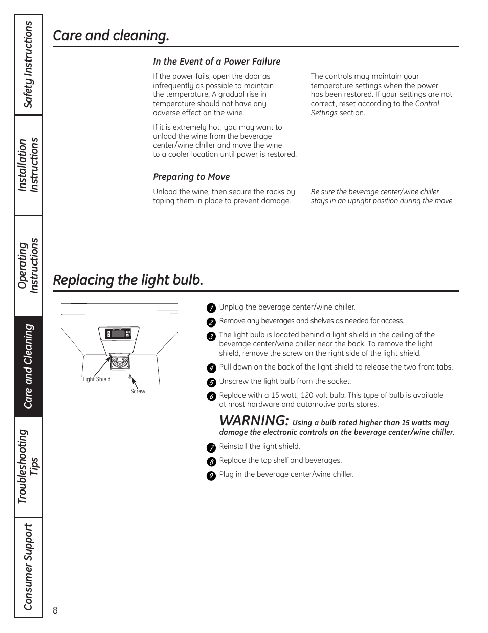 Replacing the light bulb, Care and cleaning, Warning | GE 197D4613P004 User Manual | Page 8 / 48