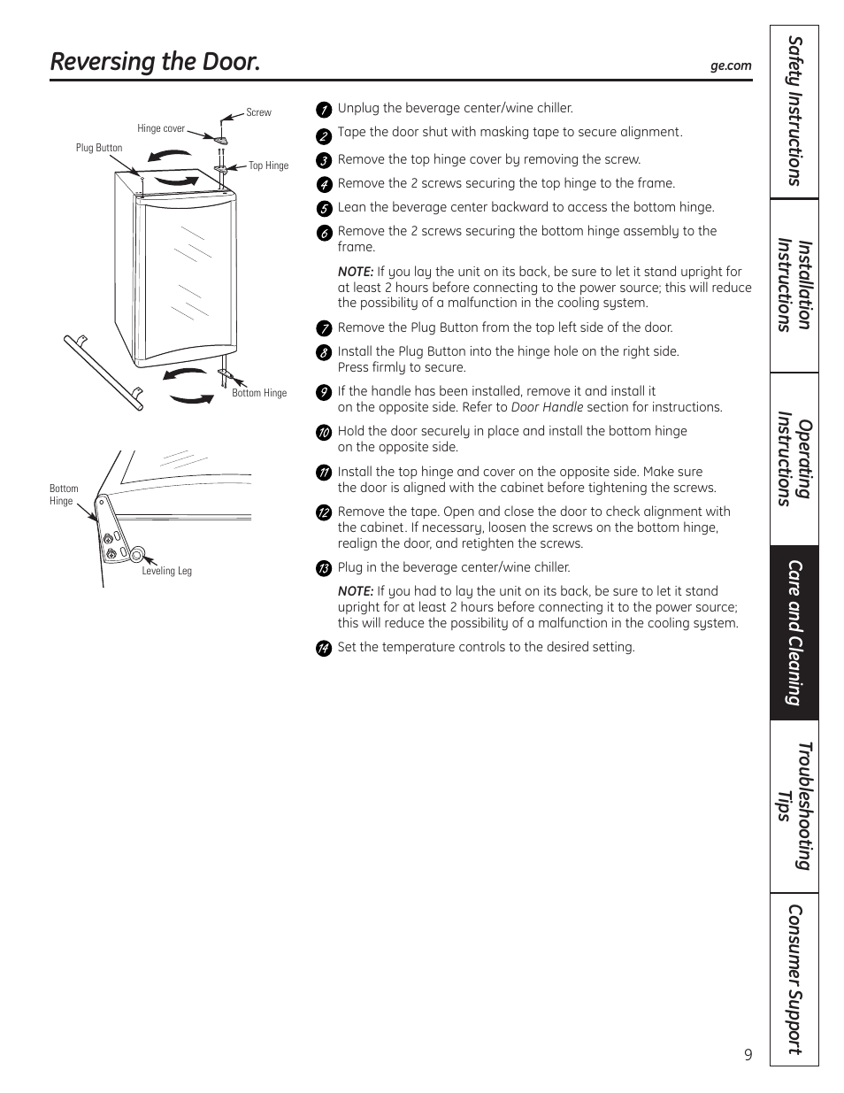 Reversing the door | GE 197D4613P004 User Manual | Page 9 / 48
