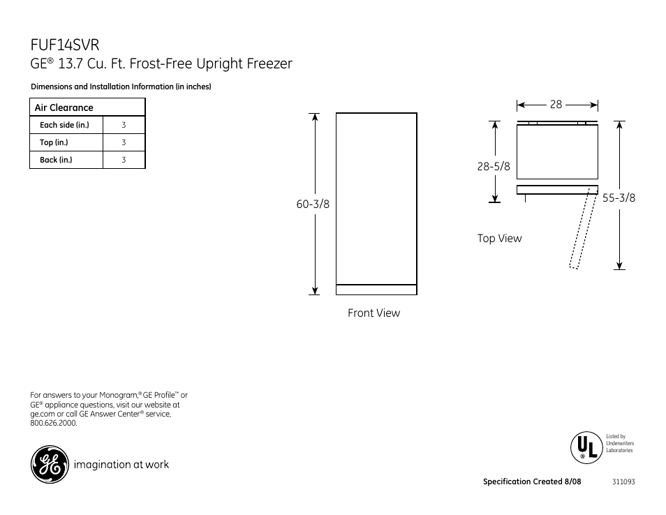 GE FUF14SVRWW User Manual | 2 pages