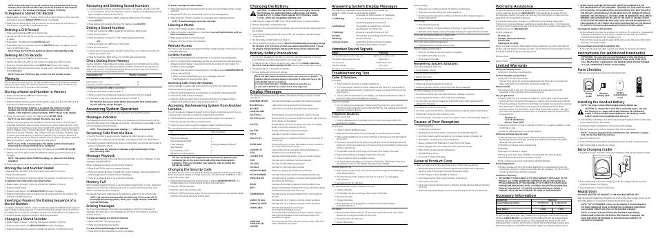 Answering system operation, Answering system display messages, Handset sound signals | Troubleshooting tips, Warranty assistance, Limited warranty, Instructions for additional handset(s), Causes of poor reception, General product care, Changing the battery | GE 25942xx3 User Manual | Page 2 / 2