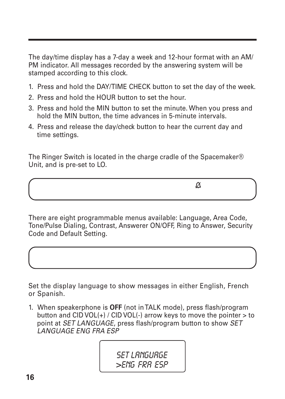 Set language >eng fra esp | GE 26976 User Manual | Page 16 / 100