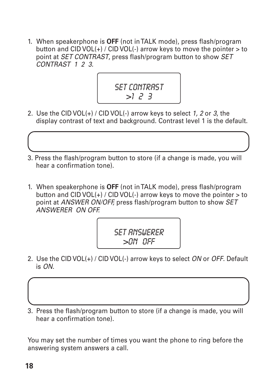 Set contrast >1 2 3 set answerer >on off, On/off | GE 26976 User Manual | Page 18 / 100