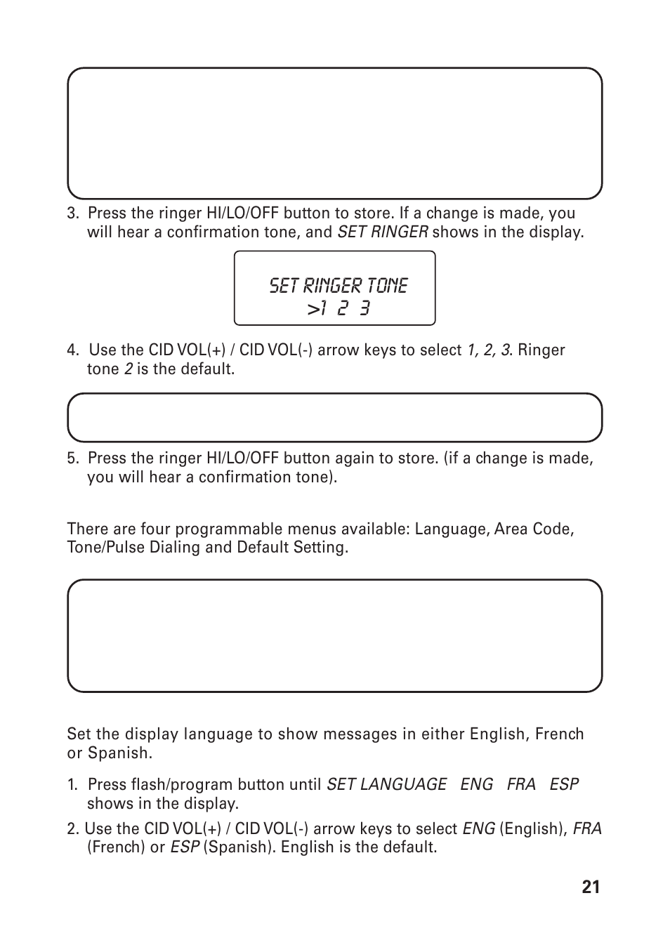 Set ringer tone >1 2 3 | GE 26976 User Manual | Page 21 / 100