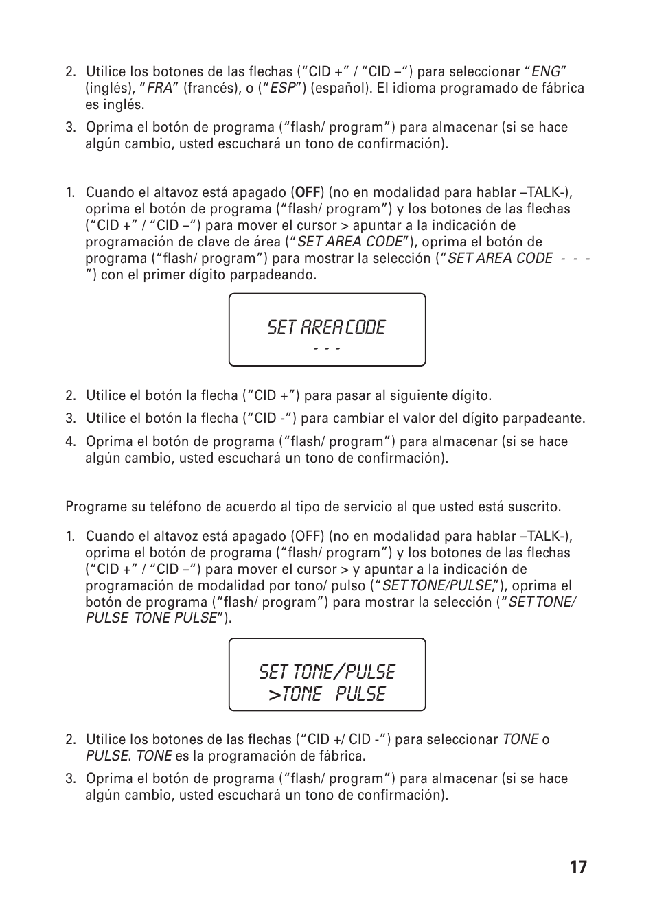 Set area code - - - set tone/pulse >tone pulse | GE 26976 User Manual | Page 67 / 100