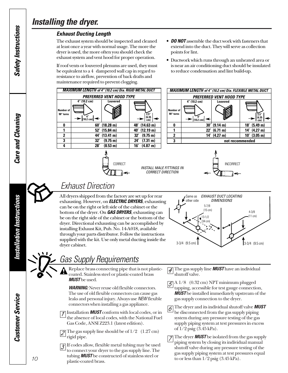 Gas supply requirements, Installing the dryer. exhaust direction, Exhaust ducting length | GE DCD330G User Manual | Page 10 / 20